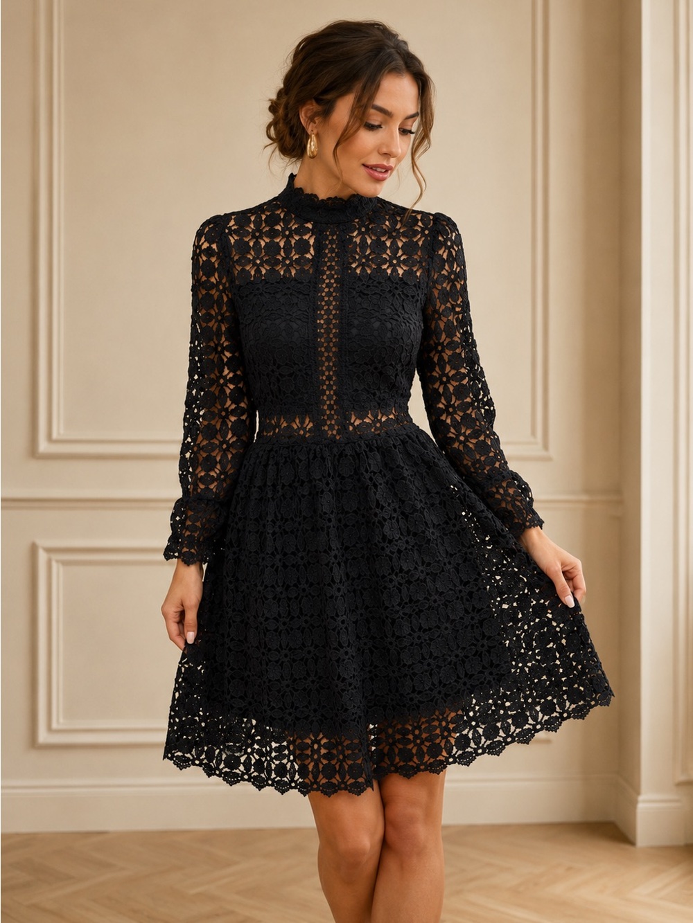 22- NEW - Elegant Blackโ Women Stand Collar Flare Sleeve Hollow Out Lace Dress